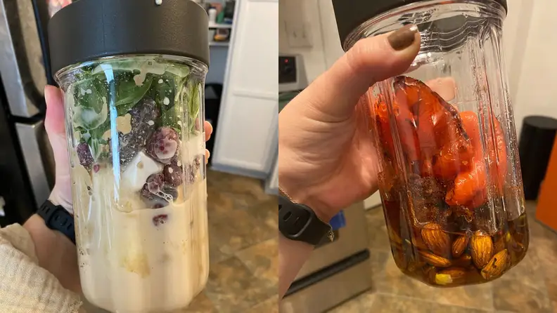 Left: Blender cup filled with ingredients for a smoothie. Right: Blender cup filled with romesco sauce ingredients