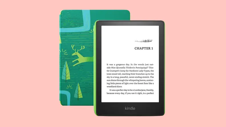A Kindle tablet on a pink background.