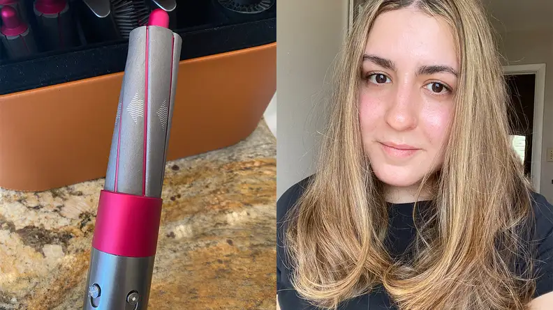On the left: The Dyson Airwrap Styler's curling attachment with the tool's case in the background. On the right: The author with straight hair that curls at the ends after using the curling attachment.