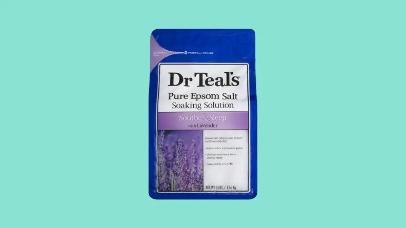 Bag of Epsom salt against teal background