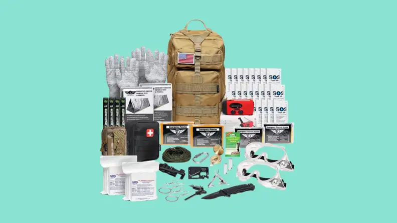 Everlit's 72 Hours Earthquake Bug Out Bag with its contents arrayed around it.