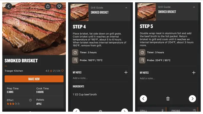 Three screenshots showcasing the guided Smoked Brisket recipe in the Traeger app