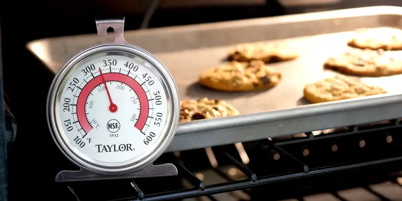 Taylor thermometer sits inside an oven in front of a tray of baking cooking.