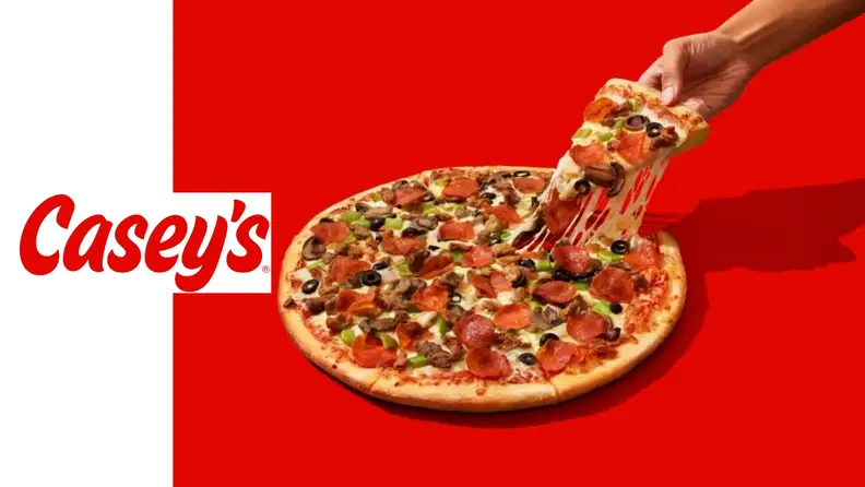 A cheesy slice being pulled from a Casey's pizza with the Casey's logo