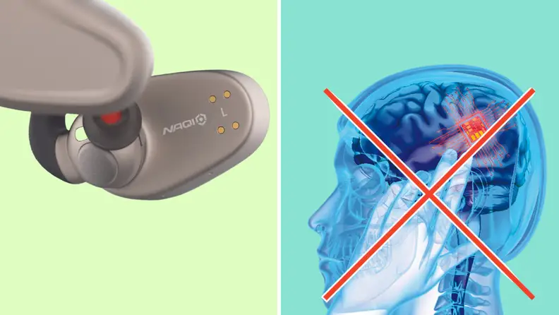 Side-by-side image of the Naqi Logix Neural Earbuds in gray and an X-ray diagram of a person's head with their hand on their temple, the hand crossed out with an X.