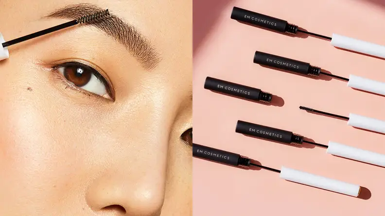 On the left: A closeup on someone's eye with a spoolie held up to their eyebrow. On the right: Several thin tubes of eyebrow gel lay across a pink background.