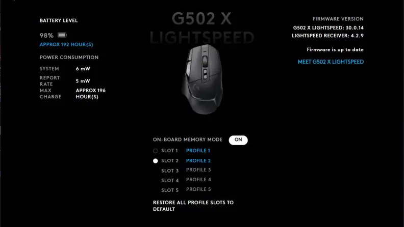 Screenshot of Logitech Lightspeed software that displays battery life and memory mode.