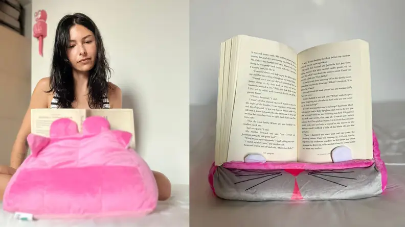 A two panel image: On left a woman reads a book from a Cuddly Reader book stand. On right, a view of the stand with an open book on it