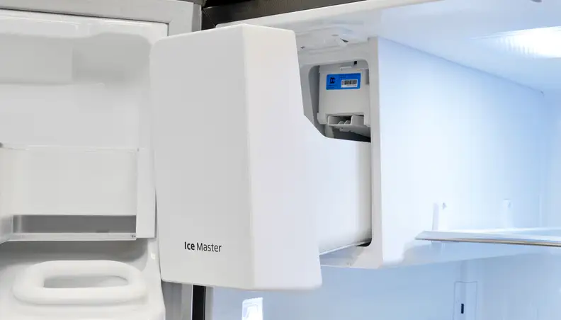 The Samsung RF28HMEDBSR's ice maker may not be as spatially efficient as a door-mounted model, but at least it's slim.
