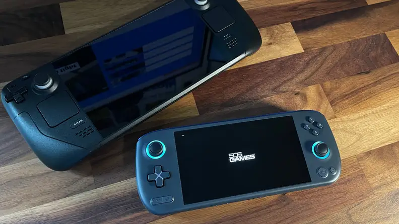 The steam deck and a much smaller handheld console with the intro screen to Control on it