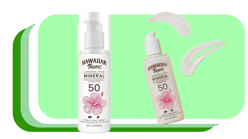 Two white bottle of Hawaiian Tropic's Mineral Skin Nourishing Milk SPF 50 sunscreen next to smears.