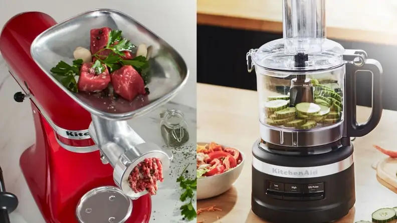 A KitchenAid food processer grinds down fruit and vegetables.