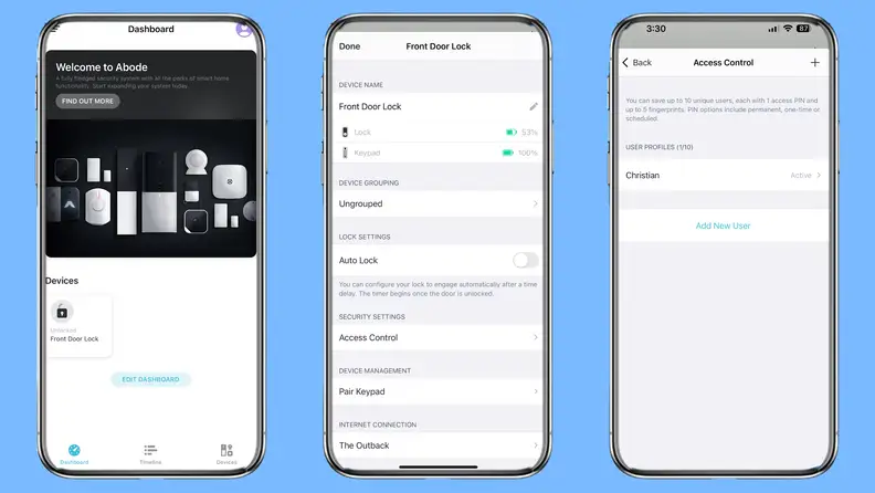 Three iPhone screenshots from the Abode app showing the front door lock, home dashboard, and access control.
