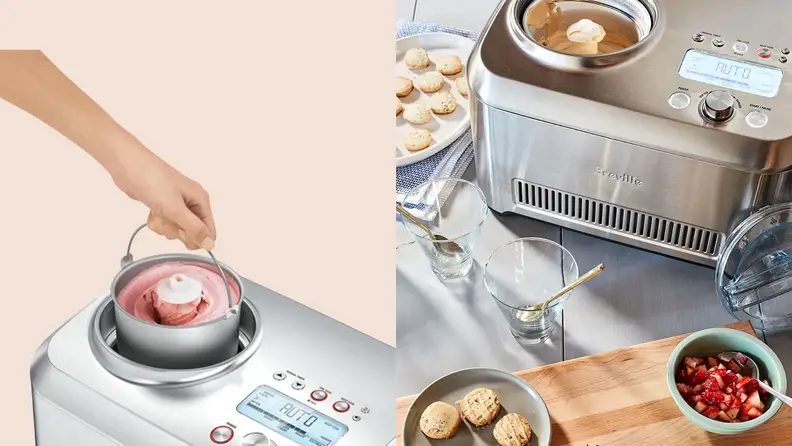 Left: hand removing canister of strawberry ice cream from Breville machine. Right: Breville Smart Scoop on a countertop surrounded by ice cream and ingredients.