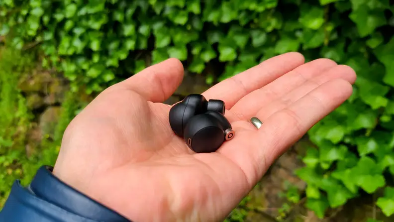 The black Sony WF-1000XM4 earbuds are shown in an open hand in front of green ivy