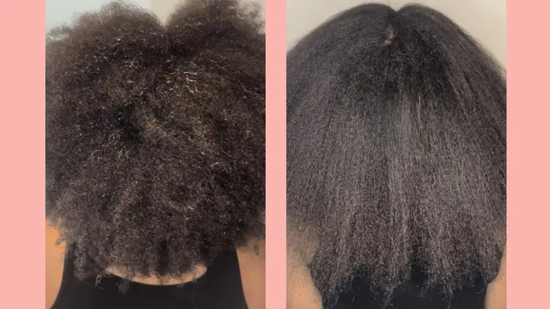 The author's hair before (left) and after (right) using the RevAir against a pink background.