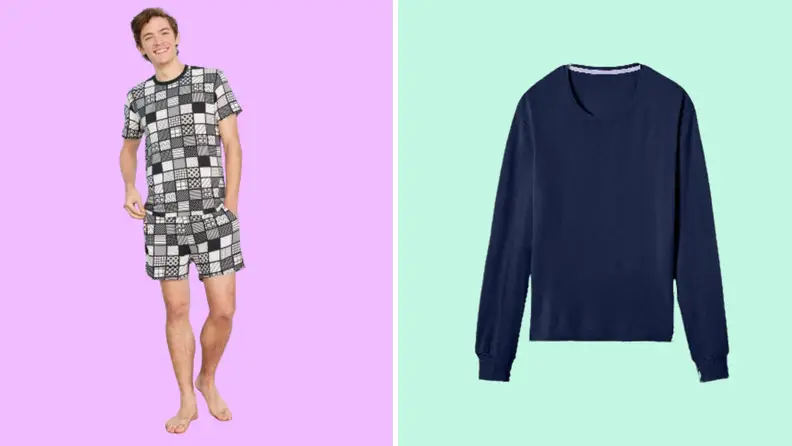 A man wearing printed shorts and a matching T-shirt, and on the right is a product shot of a long-sleeved navy blue shirt.