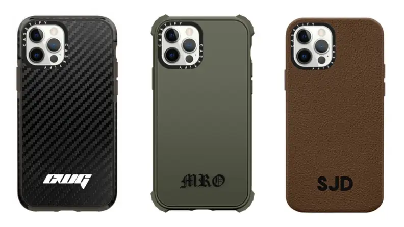 three different personalized Casetify Phone Cases (black, olive green, and brown).