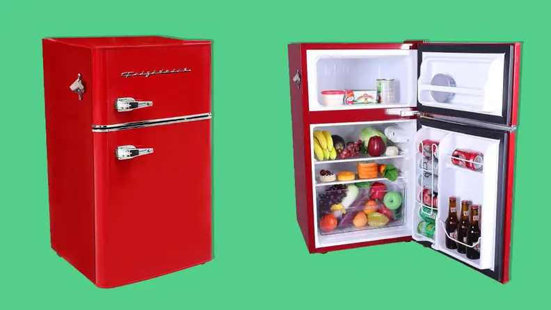 Frigidaire Retro Mini Fridge one a green background.