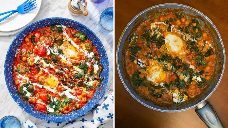 On left, Blue Apron photo of Shakshuka on bright blue background. On right, Reviewed's image of Blue Apron's Shakshuka recipe shot from above.