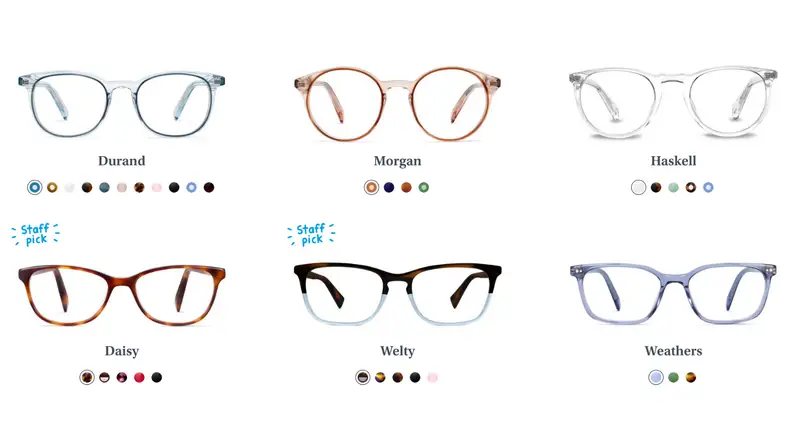 An image of several frame options from Warby Parker.