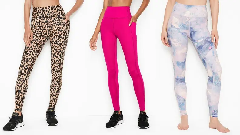 Victoria's Secret On Point Leggings in three colors: leopard, hot pink, and blue-and-pink swirl