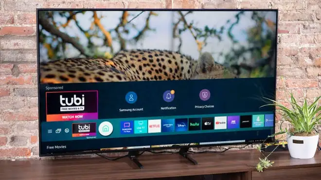Samsung smart television with cheetah on screen.