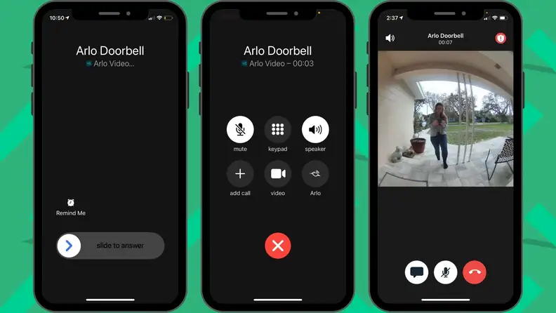 Screenshots of the Arlo Wire-Free Essential Doorbell view from the Arlo app.