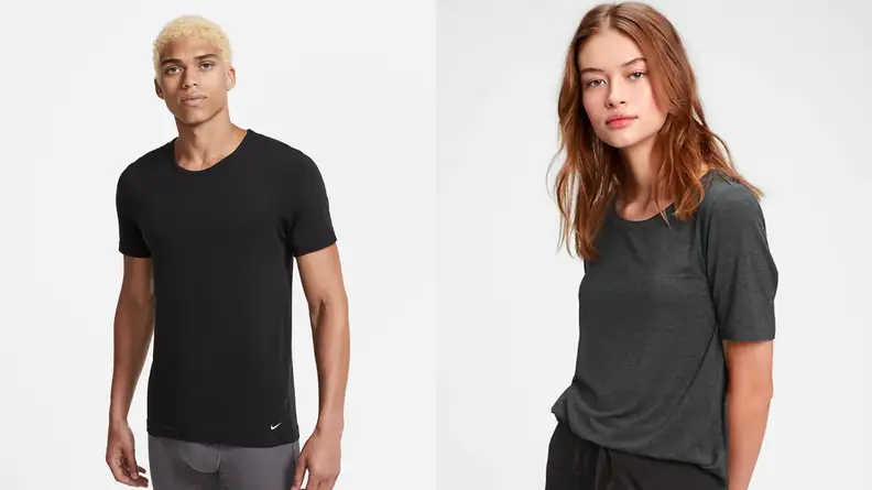 Man wearing Nike undershirt made of modal, woman wearing basic Madewell t-shirt