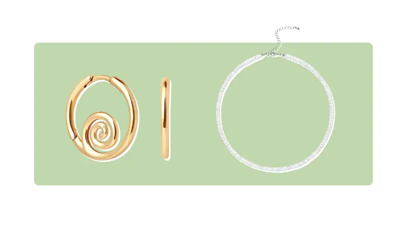 hoop earrings, white puka shell necklace
