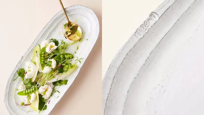 On left, serving platter with vegetables and a serving spoon. On right, close up image of the serving platter details