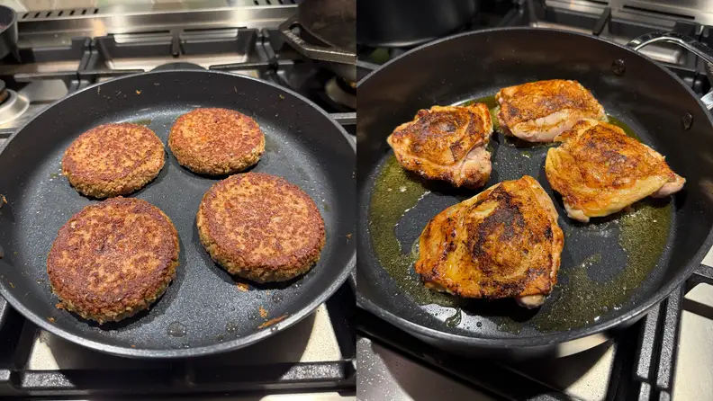 Plant-based burgers in an Alva ceramic nonstick frying pan next to chicken thighs in an Alva ceramic nonstick frying pan.