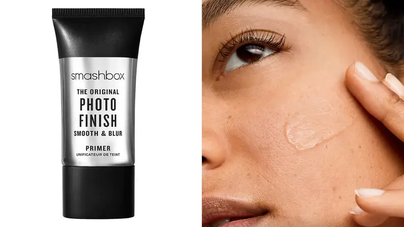 On left, bottle of black and silver Smashbox primer. On right, person smooth product on to their cheekbone.