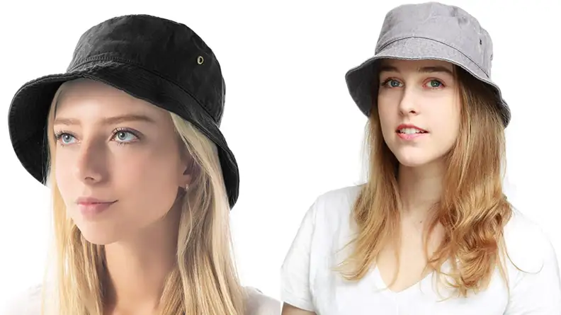 woman wearing black bucket hat, woman wearing tan bucket hat