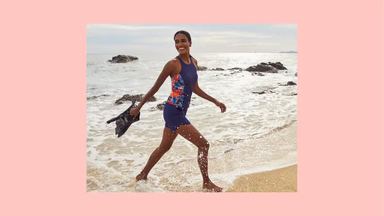Model wearing Land's End board shorts
