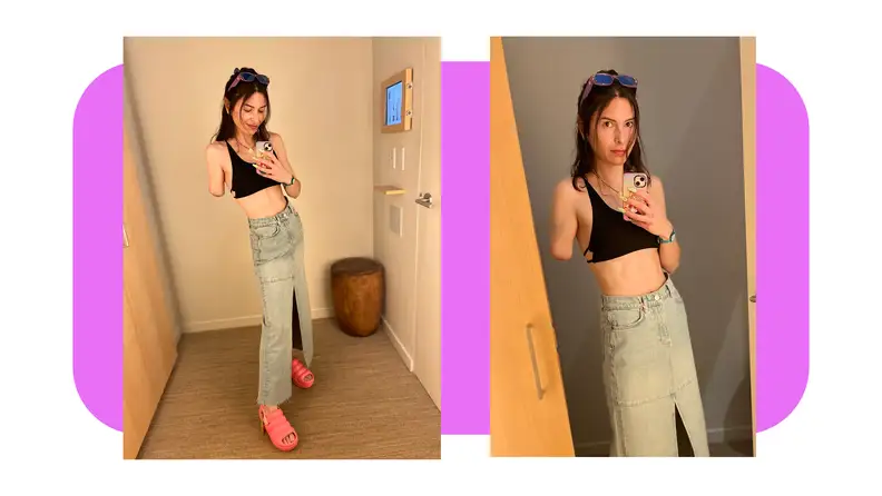 Person trying on the Reformation Tazz Maxi Denim Skirt in dressing room.