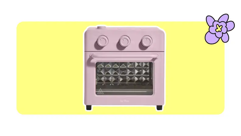 The Our Place Wonder oven in lavender on a yellow background.