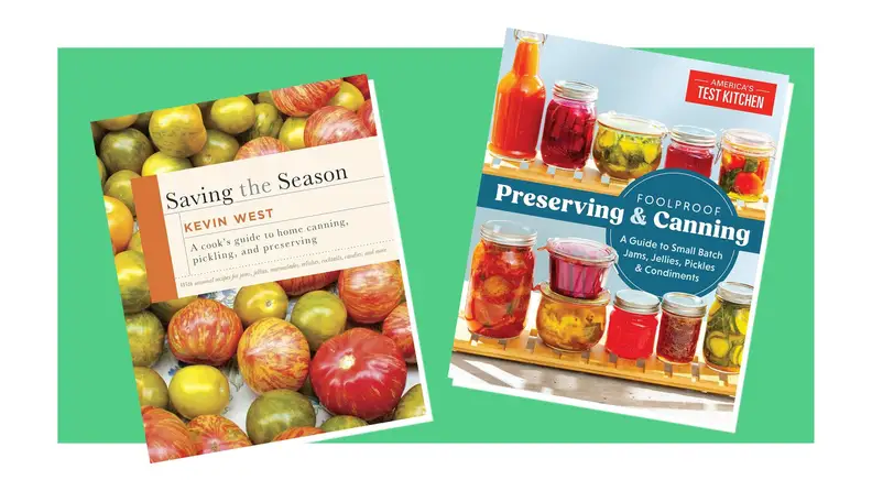 Two canning cookbook covers on a green background