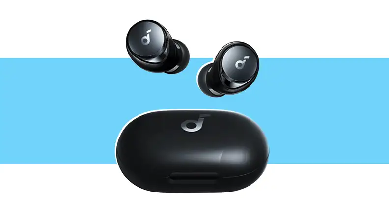 Anker Soundcore earbuds on a blue background.