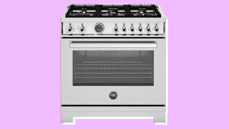 Bertazzoni 36-inch gas range on purple background