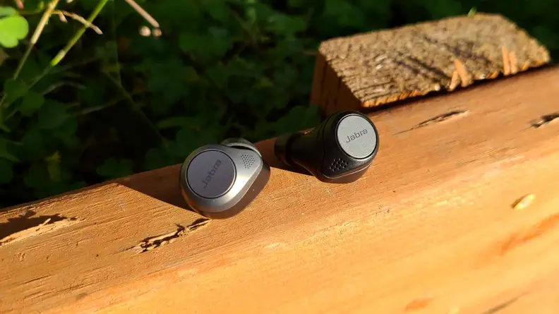 A pair of Jabra earbuds