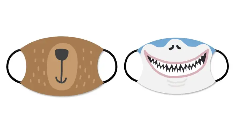 Two custom printed masks in a bear and a smiling shark print.