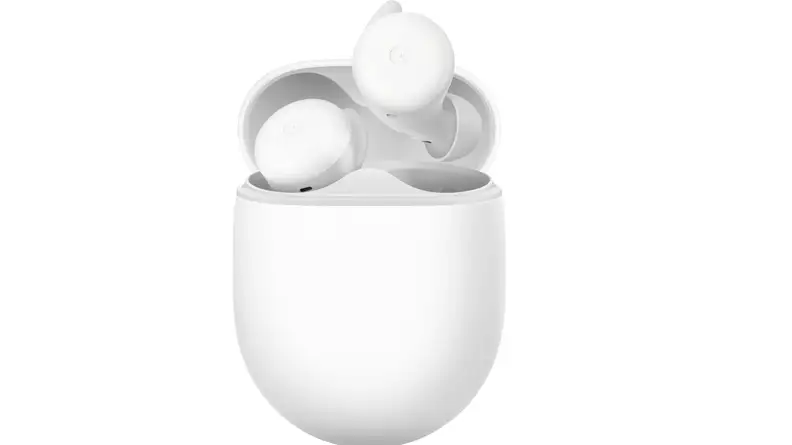A pair of white Google Pixel Buds A Series on a white background.