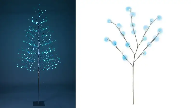 Two images of minimalistic blue Christmas trees.