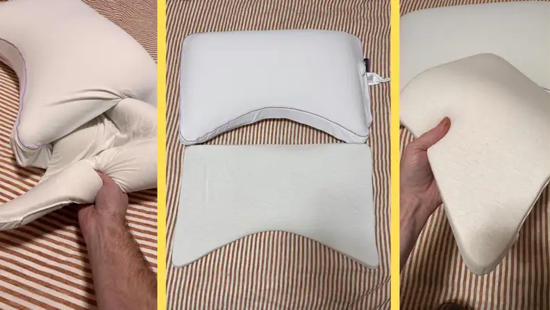 3 side-by-side images of the Layla BioCrystal Side Sleeper pillow