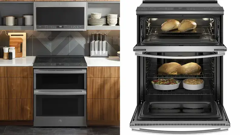 A GE Profile double oven range in a modern kitchen