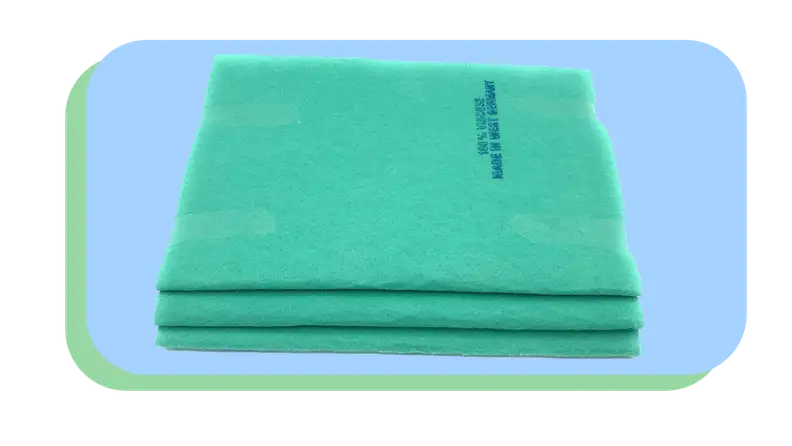 Stack of three neon blue microfiber cloths folded into rectangles and stacked on top of each other.