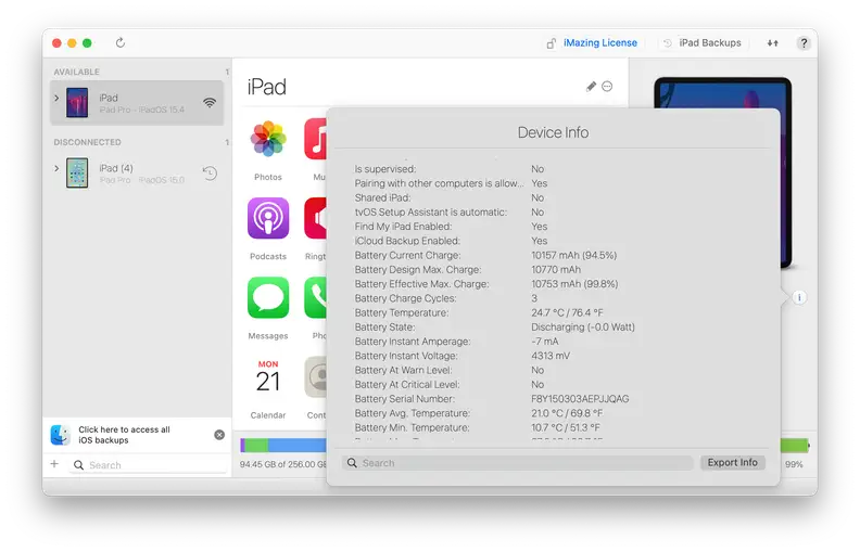 A screenshot of the information-dense panel within iMazing that'll show you everything you need to know about your device's battery, including number of lifetime cycles and current maximum capacity.