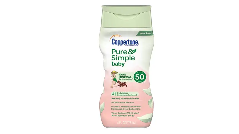 A bottle of Coppertone Pure and Simple sunblock