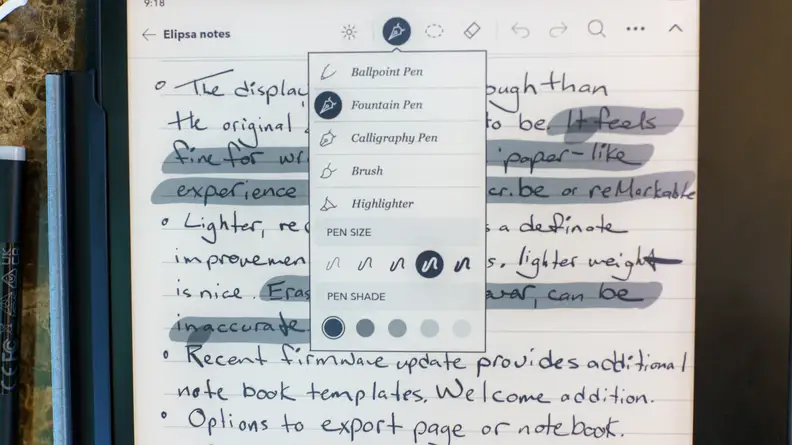 The Elipsa 2e's line and writing tool interface on display.